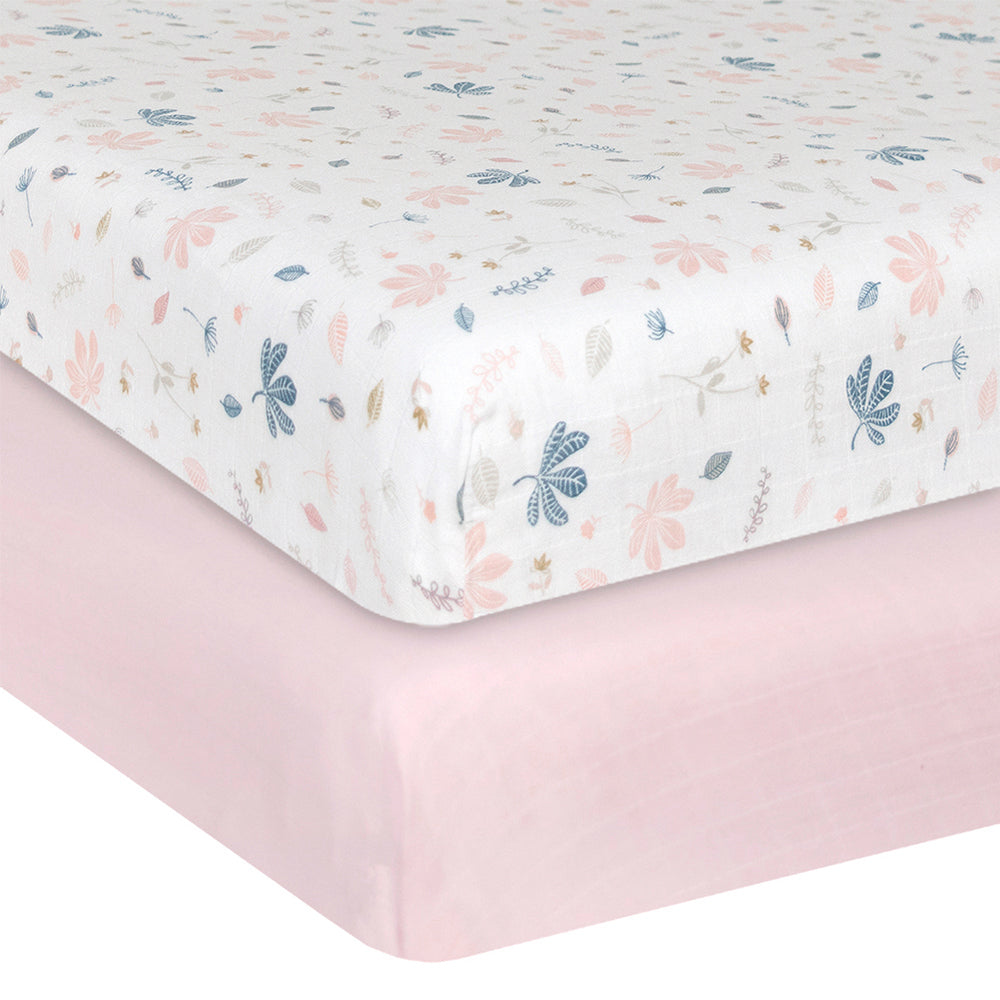 Living Textiles Organic Muslin 2 Pack Cot Fitted Sheets - Botanical/Blush