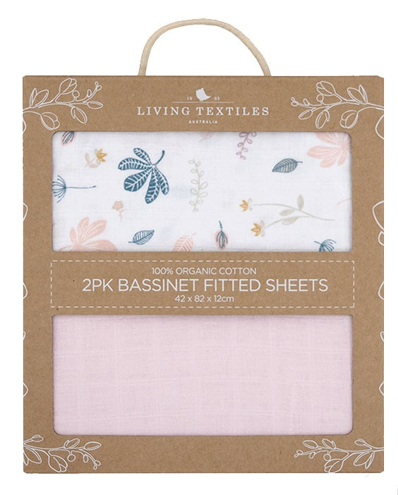Living Textiles Organic Muslin 2 Pack Bassinet Fitted Sheets - Botanical/Blush