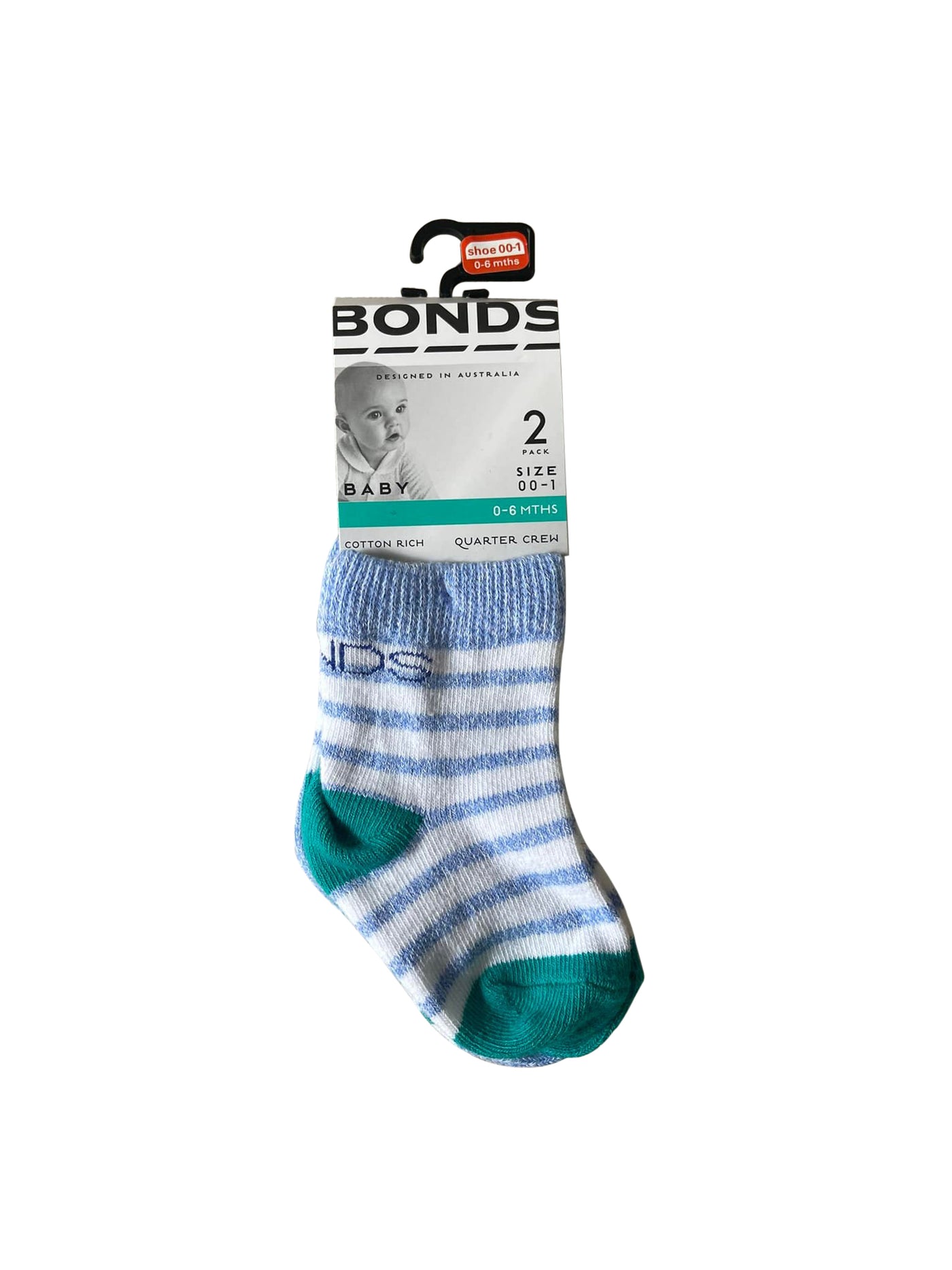 Bonds Baby Stretch Quarter Crew Socks 2 Pack - Blue Stripe