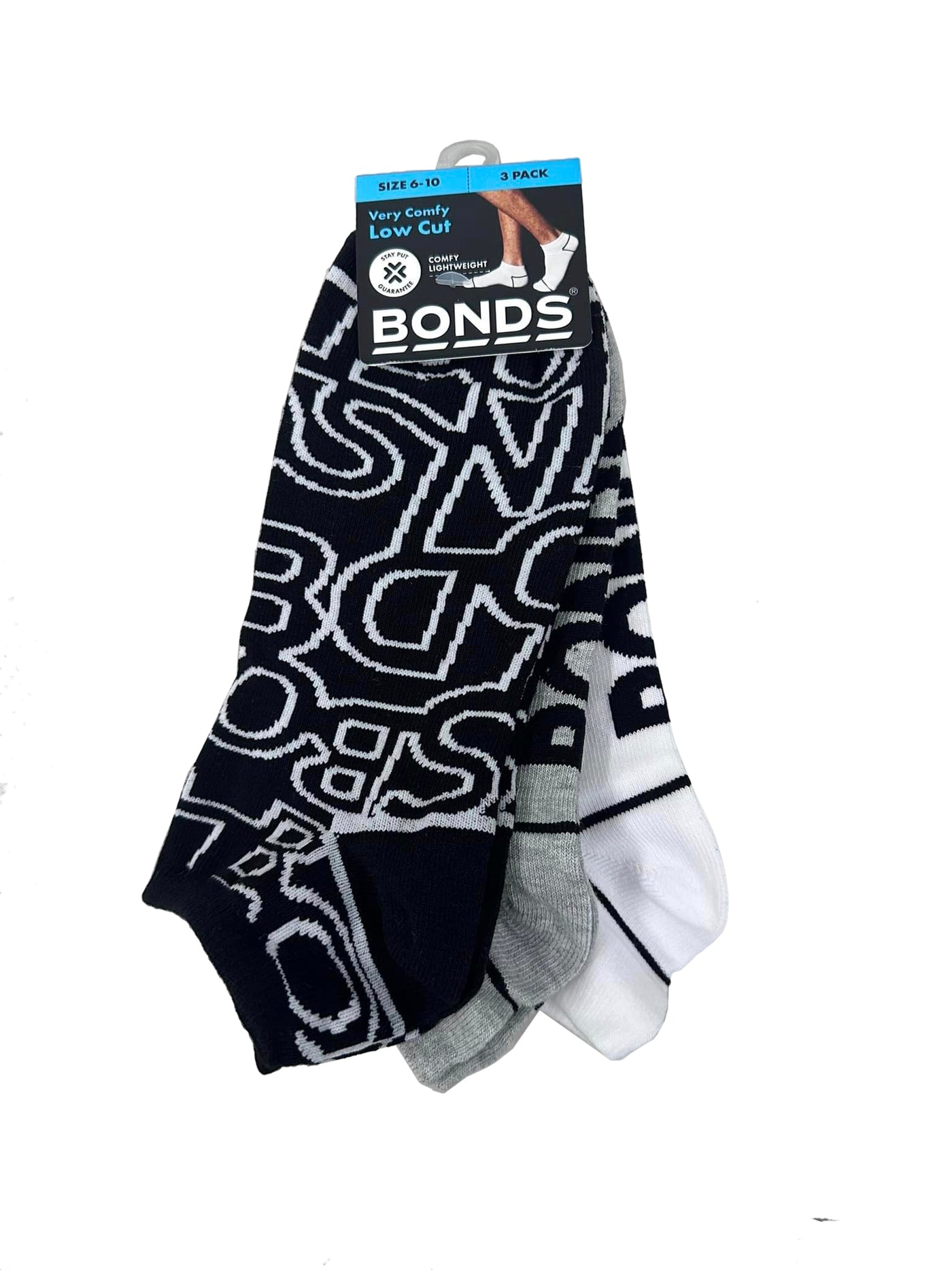 Bonds Mens Fashion Trainers Low Cut Socks 3 Pack - Black/Grey/White
