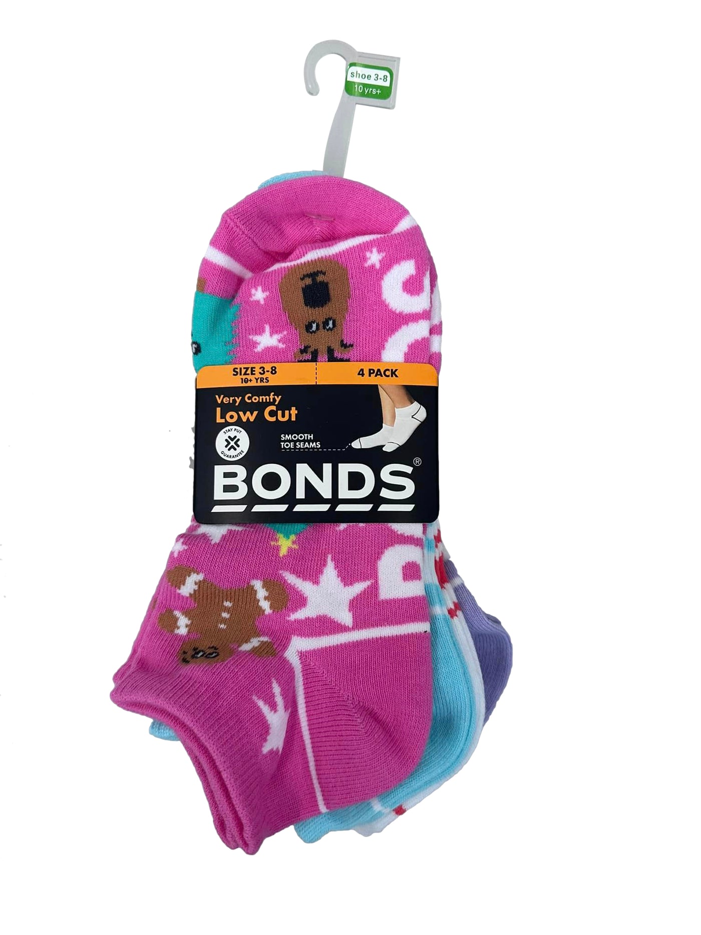 Bonds Kids Fashion Trainer 4 Pack Socks - Joyful Reindeers Pink/Aqua/Magic White/Lilac