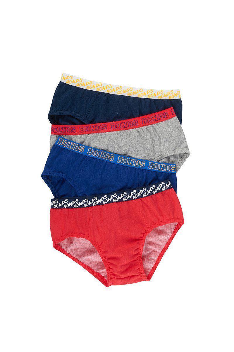 Bonds Boys Fun Pack Brief 4 Pack - Red/Blue/Grey/Navy-Outlet Shop For Kids