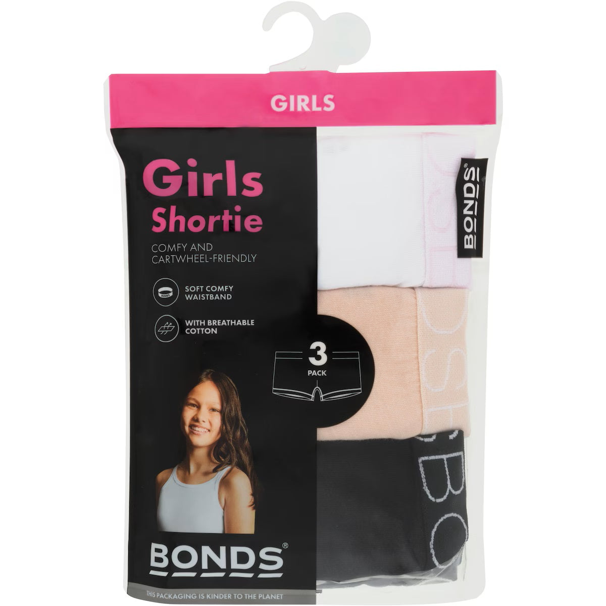 Bonds Girl's Plain Shortie 3 Pack - White/Beige/Black