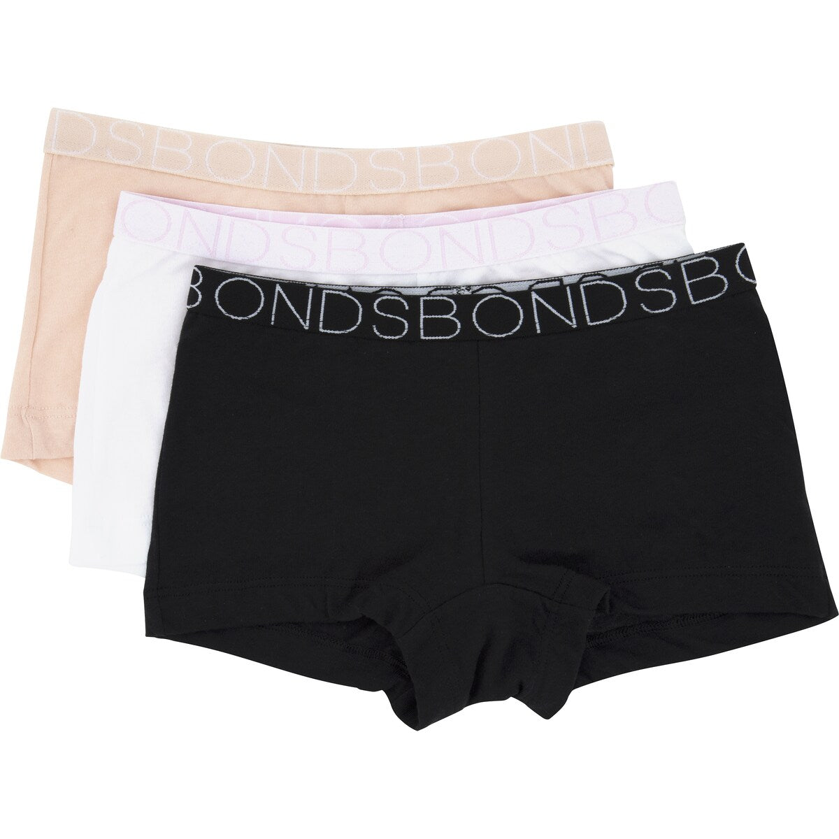 Bonds Girl's Plain Shortie 3 Pack - White/Beige/Black