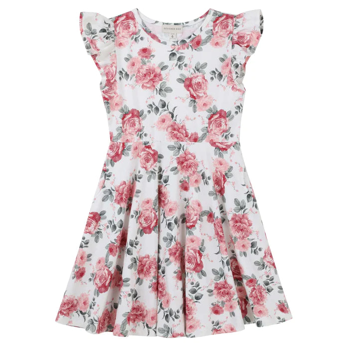 Designer Kidz Belle Floral Short Sleeve Mia Dress - Tea Rose