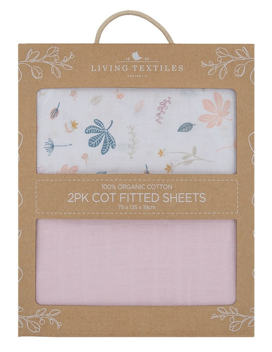 Living Textiles Organic Muslin 2 Pack Cot Fitted Sheets - Botanical/Blush