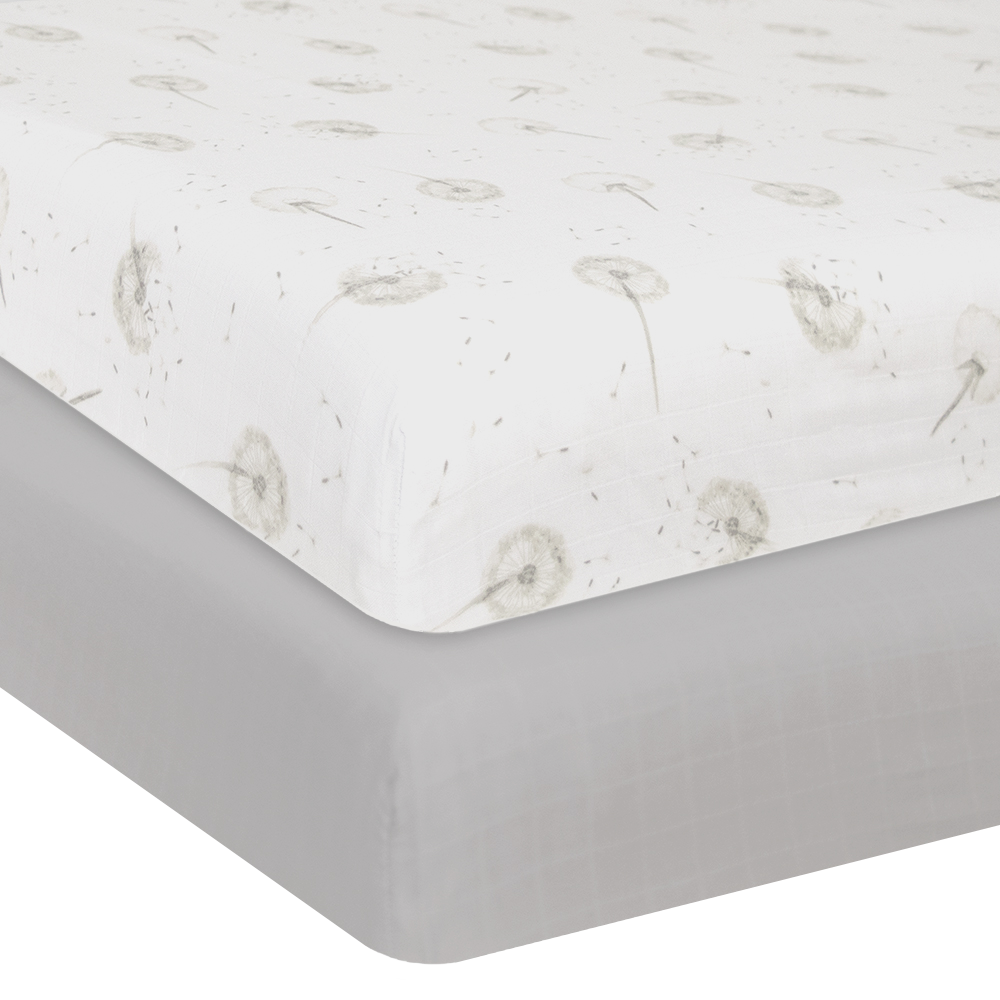 Living Textiles Organic Muslin 2 Pack Cot Fitted Sheets - Dandelion/Grey