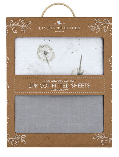 Living Textiles Organic Muslin 2 Pack Oval Cot Fitted Sheet - Dandelion Grey