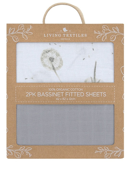 Living Textiles Organic Muslin 2 Pack Bassinet Fitted Sheet - Dandelion/Grey