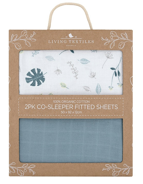 Living Textiles Organic Muslin 2 Pack Cradle/Co Sleeper Fitted Sheets - Banana Leaf/Teal