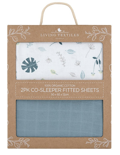 Living Textiles Organic Muslin 2 Pack Cradle/Co Sleeper Fitted Sheets - Banana Leaf/Teal