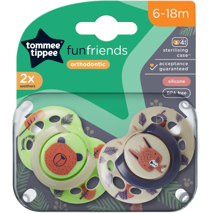 Tommee Tippee Closer To Nature Fun Style Silicone Soothers 6-18m 2 Pack - Green Bear Pack