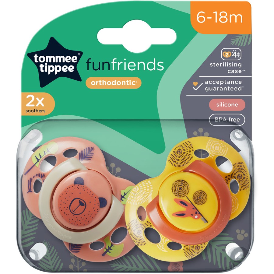 Tommee Tippee Closer To Nature Fun Style Silicone Soothers 6-18m 2 Pack - Peach Brown Bear Pack