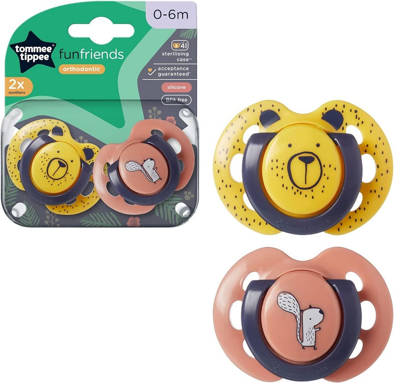 Tommee Tippee Closer To Nature Fun Style Silicone Soothers 0-6m 2 Pack - Yellow Bear Pack