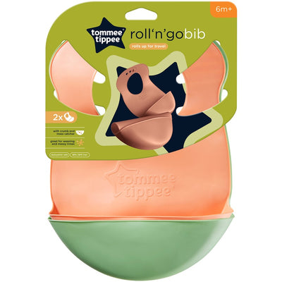 Tommee Tippee Roll ‘n’ Go Baby Bibs 6m+ 2 Pack - Orange and Green