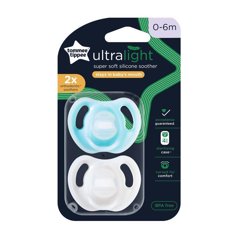 Tommee Tippee Ultra Light Silicone Baby Soother 0-6 Months 2 Pack - Aqua Pack