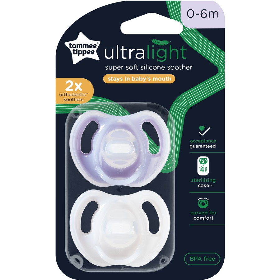 Tommee Tippee Ultra Light Silicone Baby Soother 0-6 Months 2 Pack - Purple Pack