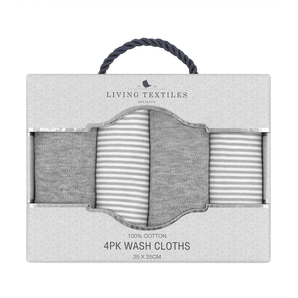 Living Textiles 4 Pack Face Washers - Grey Stripe/Melange