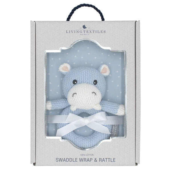 Living Textiles Jersey Swaddle & Rattle Gift Set - Dots/Hippo