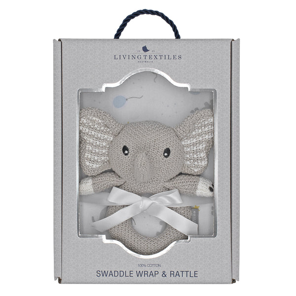 Living Textiles Jersey Swaddle & Rattle Gift Set - Mason/Elephant