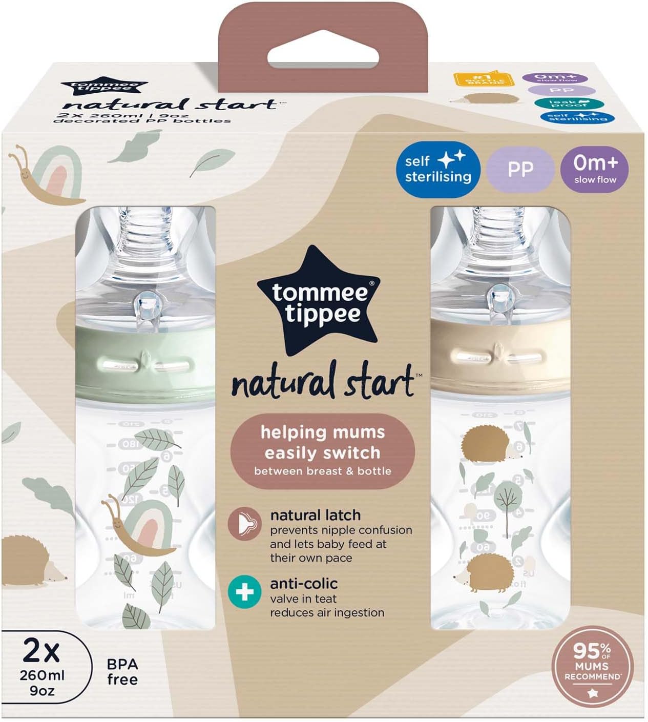 Tommee Tippee Natural Start Baby Bottles 2 Pack 260ml -  Snail/Echidna