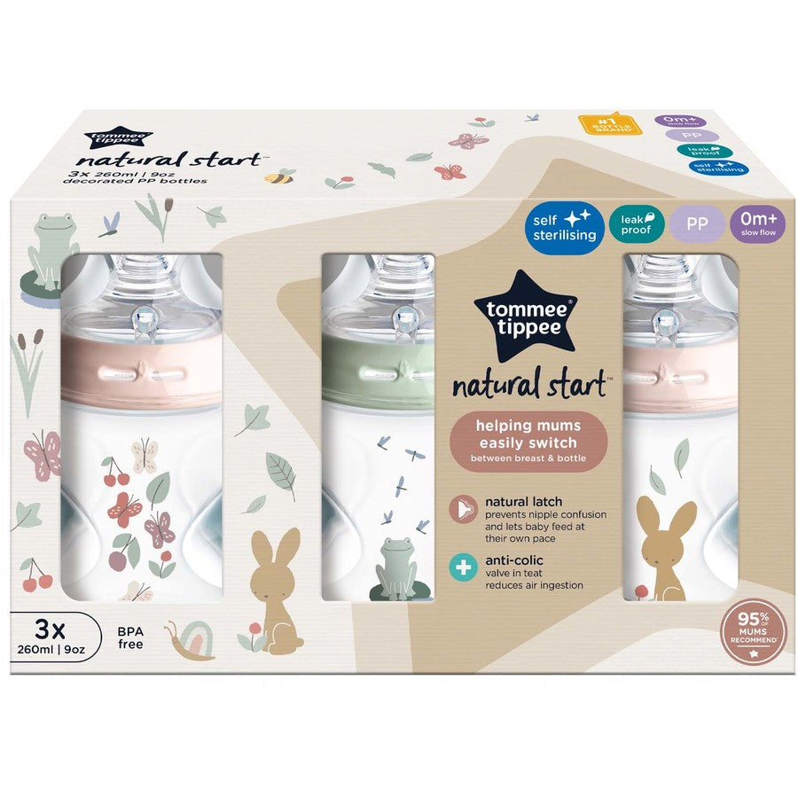 Tommee Tippee Natural Start Baby Bottles Decorated Kind Pink 3 Pack 260ml