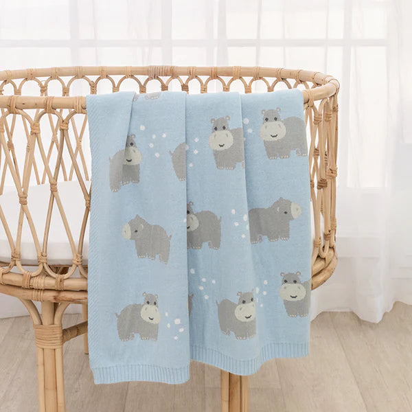 Living Textiles Whimsical Baby Blanket - Hippo/Blue