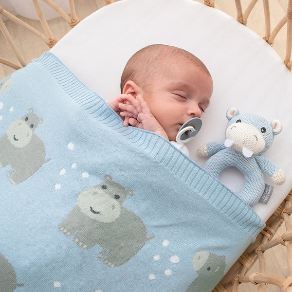 Living Textiles Whimsical Baby Blanket - Hippo/Blue