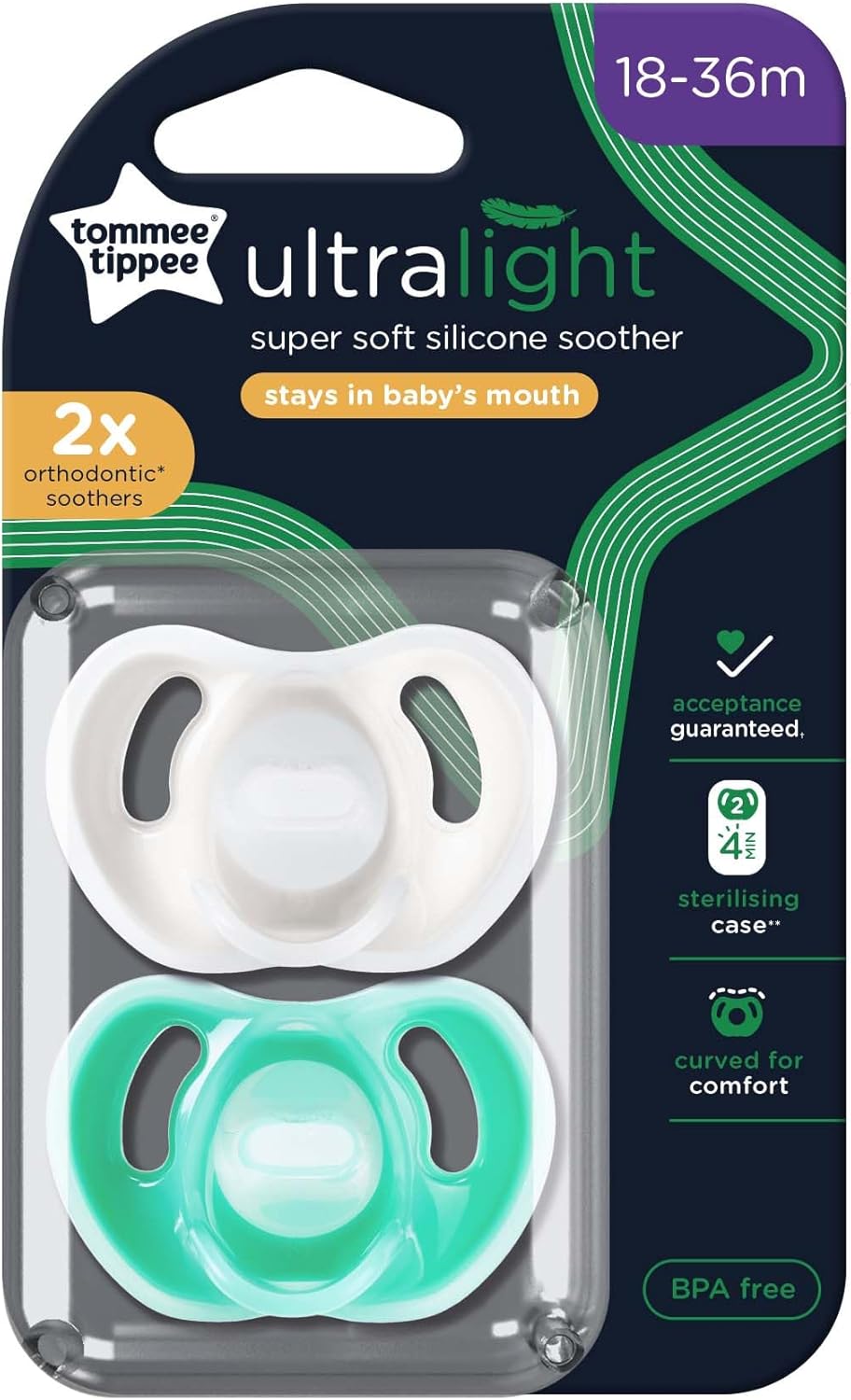 Tommee Tippee Ultra-light Soothers 18-36 Months 2 Pack - Green Pack