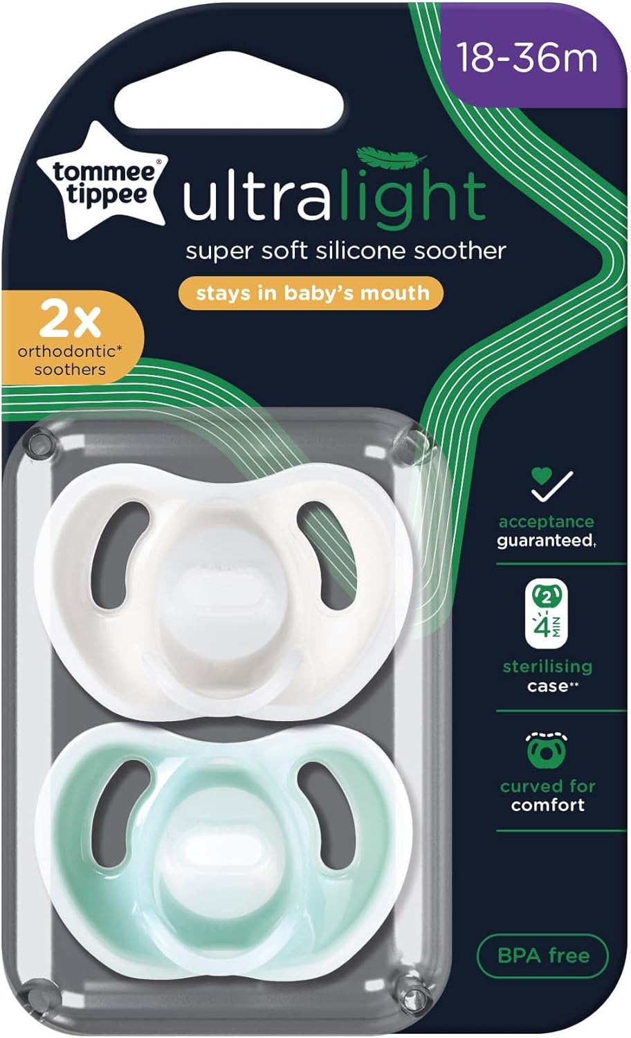 Tommee Tippee Ultra-light Soothers 18-36 Months 2 Pack - Pale Green Pack