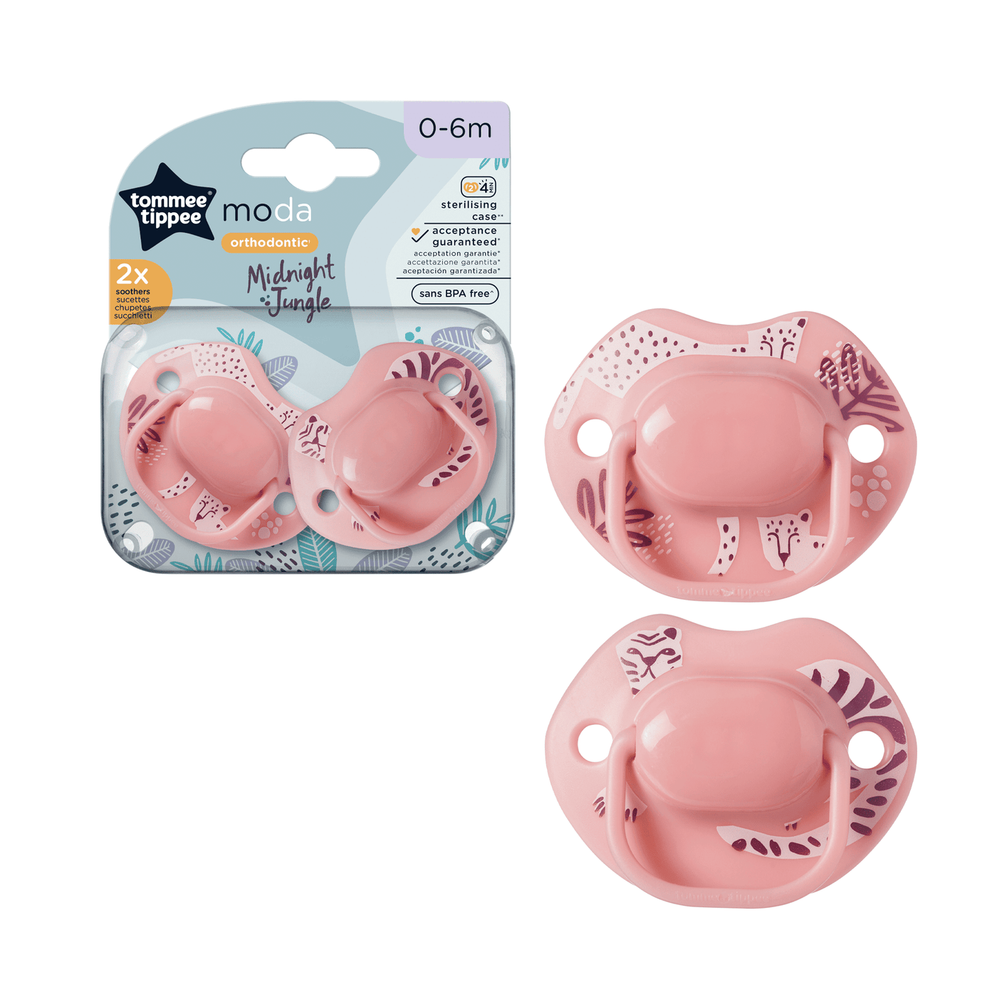 Tommee Tippee Moda Orthodontic Soothers 0-6 months 2 Pack Midnight Jungle - Pink Pack