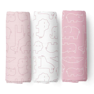 Bubba Blue Smokey Pink Safari Bamboo 3pk Muslin Swaddle Wraps