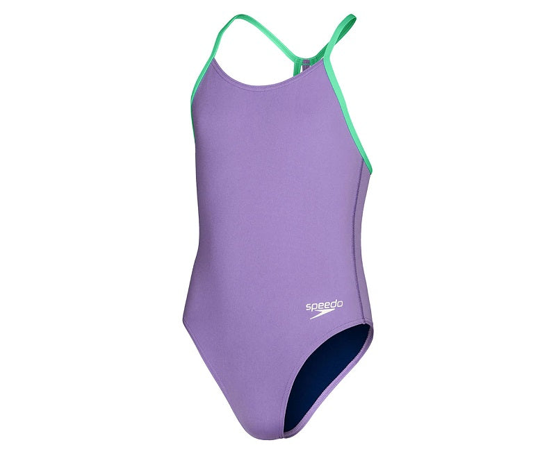 Speedo Girls Solid Lane Line Back One Piece Swimsuit - Miami Lilac/Fake Green