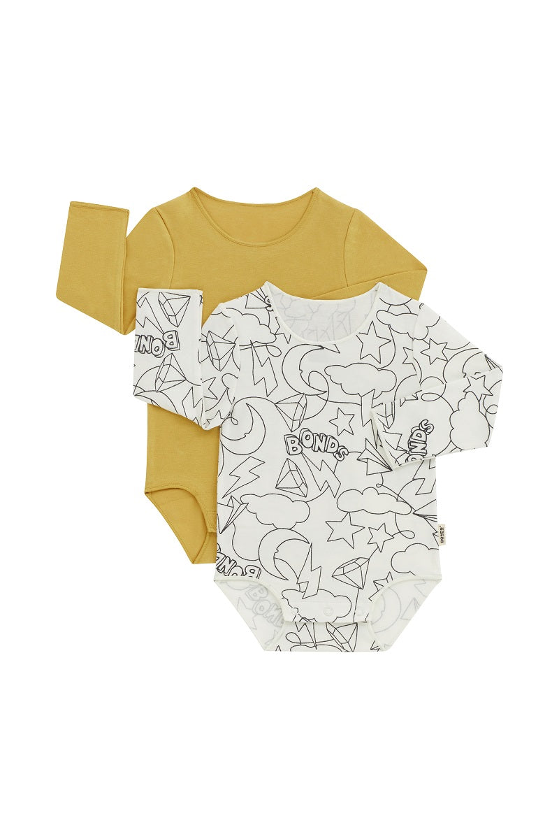 Bonds Wonderbodies Long Sleeve Bodysuit 2 Pack - Bonds Galaxy/Mustard Rush