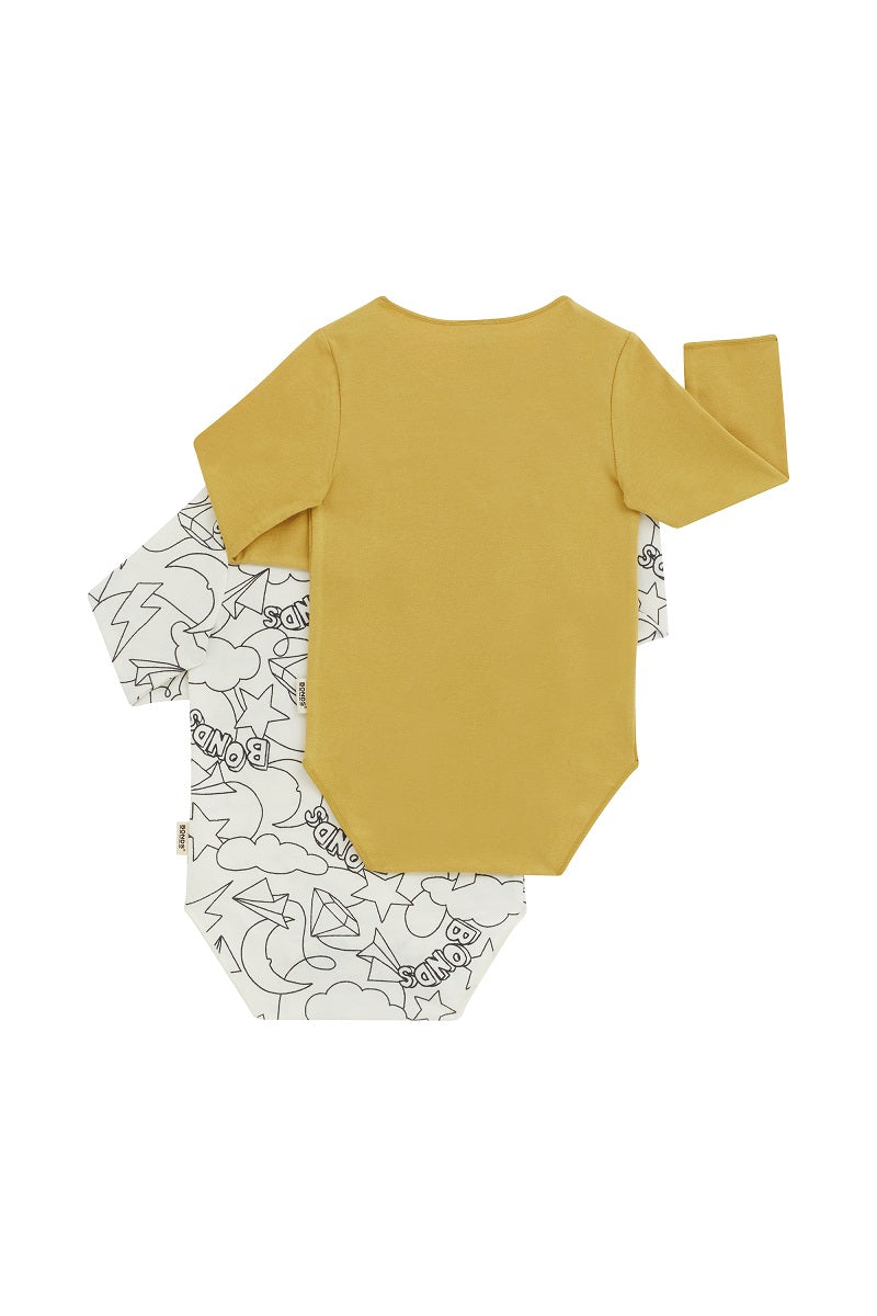 Bonds Wonderbodies Long Sleeve Bodysuit 2 Pack - Bonds Galaxy/Mustard Rush