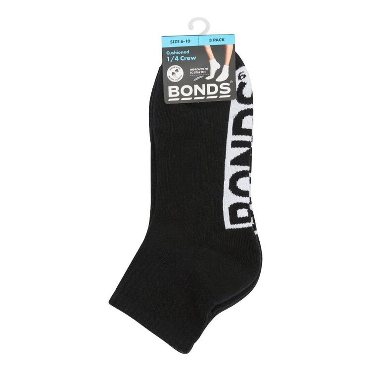 Bonds Mens Logo Cushioned Quarter Crew Socks 3 Pack- Black/Charcoal/White