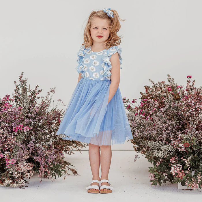 Designer Kidz Daisy Short Sleeve Hazel Tutu Dress - Blue Chambray