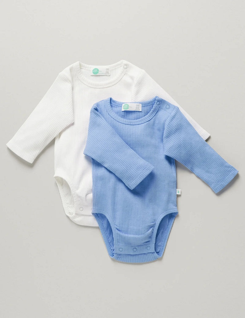 Little Green & Co Core Rib Long Sleeve Bodysuit 2 Pack - Blue/Milk