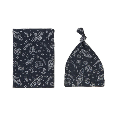 All 4 Ella Organic Jersey Swaddle & Matching Beanie Set - Outer Space
