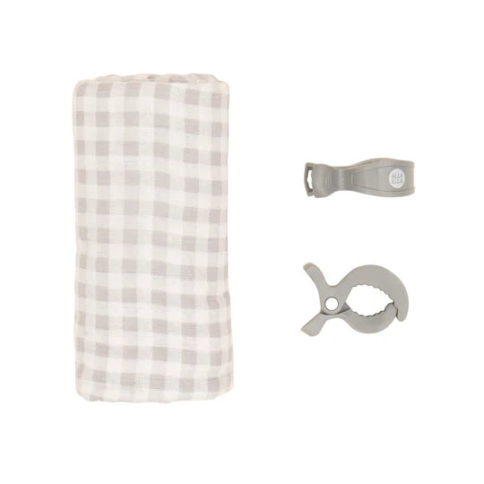 All 4 Ella Organic Muslin Swaddle & 2 Pram Peg Gift Set - Gingham Grey