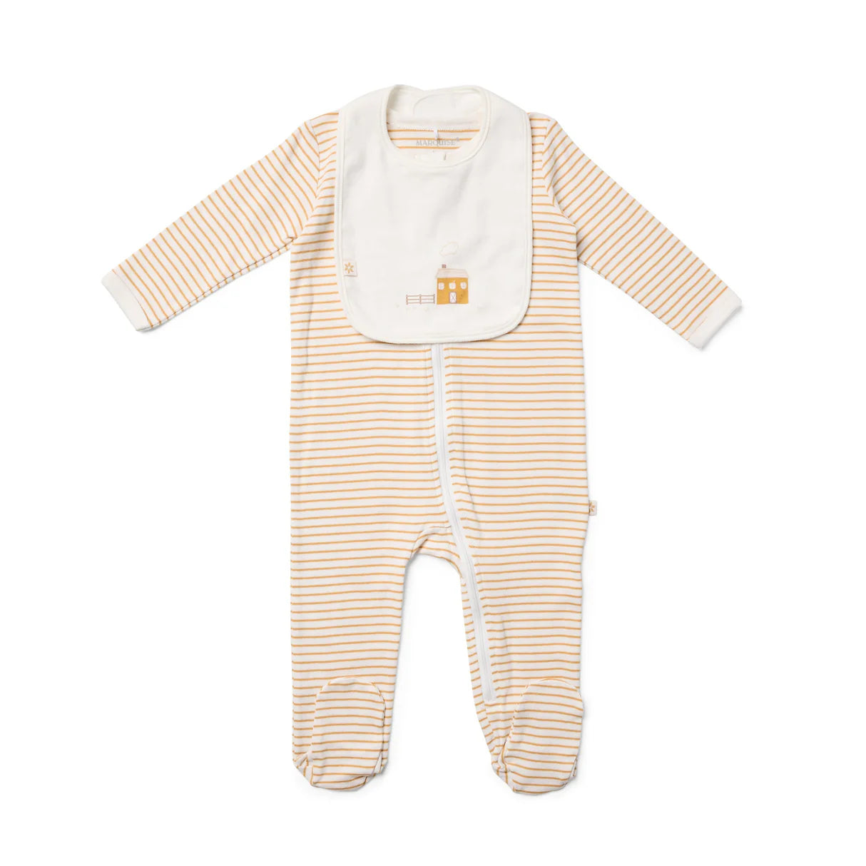 Marquise Farmhouse Striped Zipsuit and Bib 2 Piece Set - Mustard Stripe