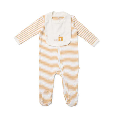 Marquise Farmhouse Striped Zipsuit and Bib 2 Piece Set - Mustard Stripe