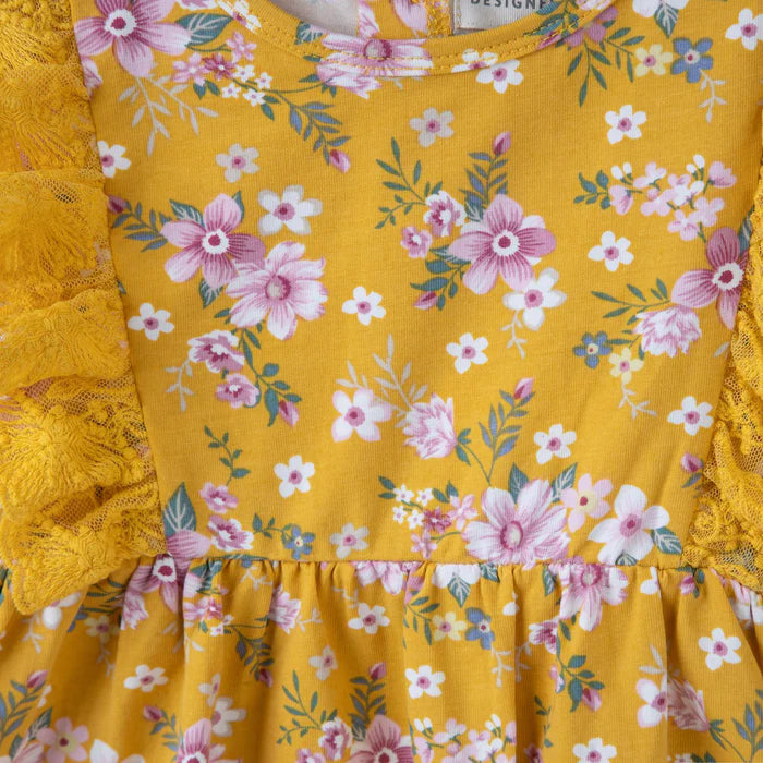 Designer Kidz Millie Floral Long Sleeve Lace Romper - Honey Gold