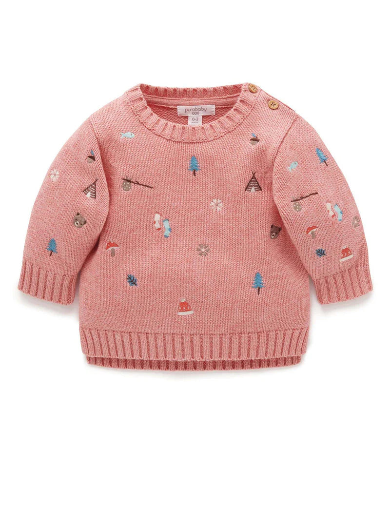 Purebaby Forest Embroidered Jumper - Nectarine Melange