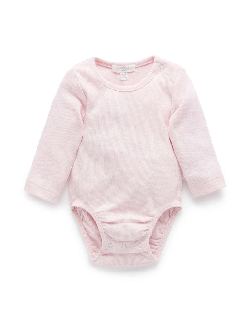 Purebaby Organic Long Sleeve Ribbed Bodysuit - Pale Pink Melange