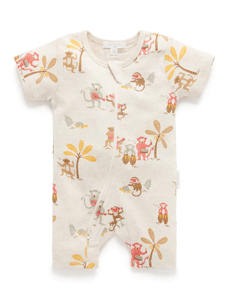 Purebaby Printed Short Sleeve Zip Growsuit - Jungle Jamboree Print