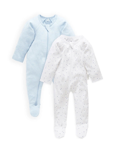 Purebaby Organic 2 Pack Zip Growsuit - Pale Blue Spot/Soft Blue Melange