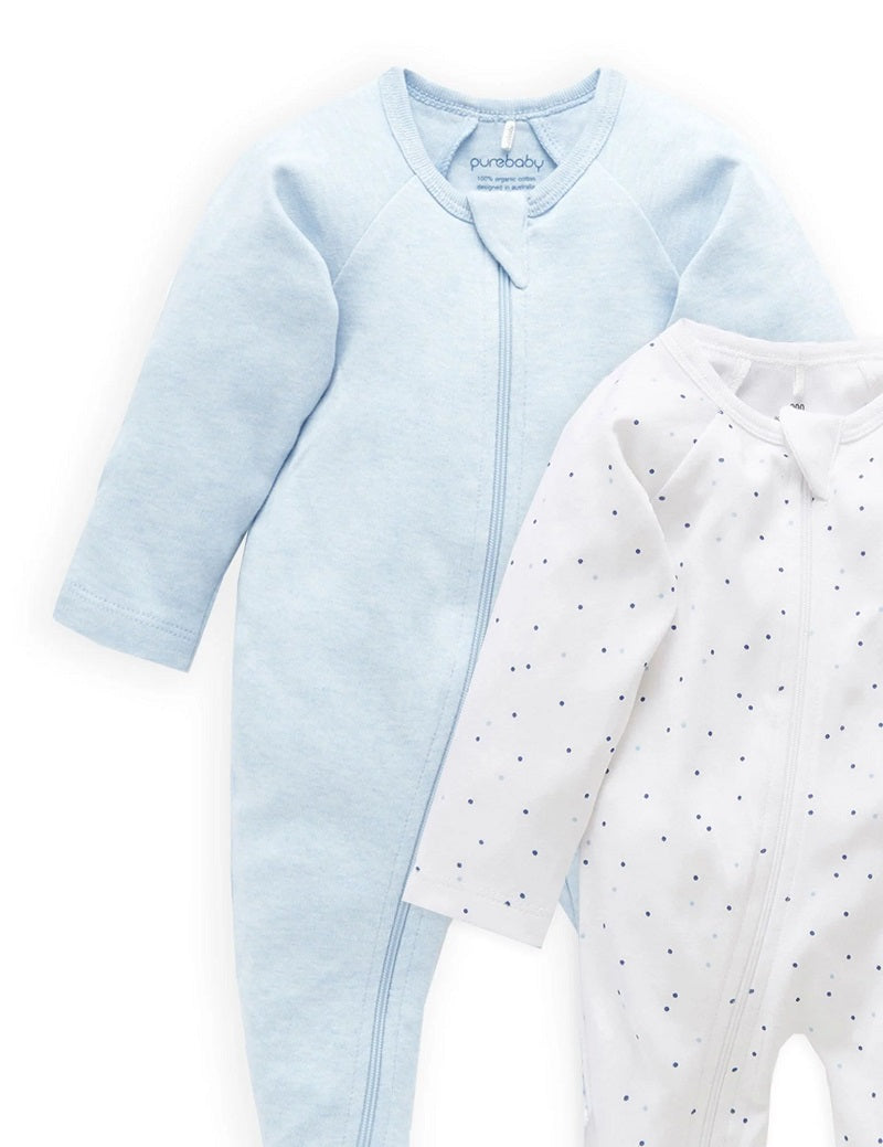 Purebaby Organic 2 Pack Zip Growsuit - Pale Blue Spot/Soft Blue Melange