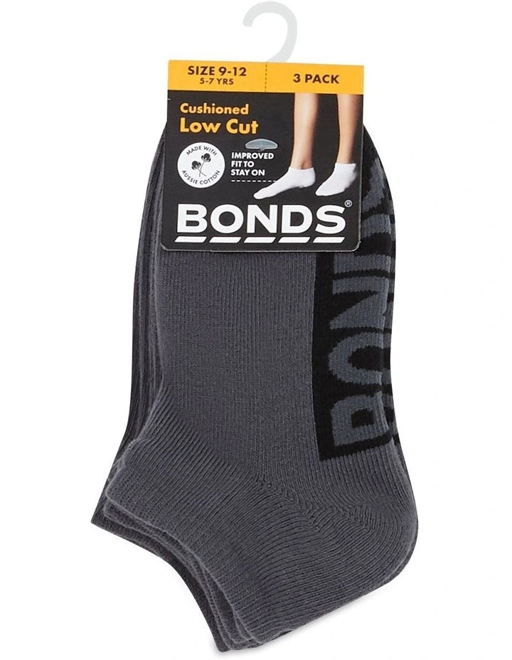 Bonds Kids Cushioned Low Cut Socks 3 Pack - School Grey