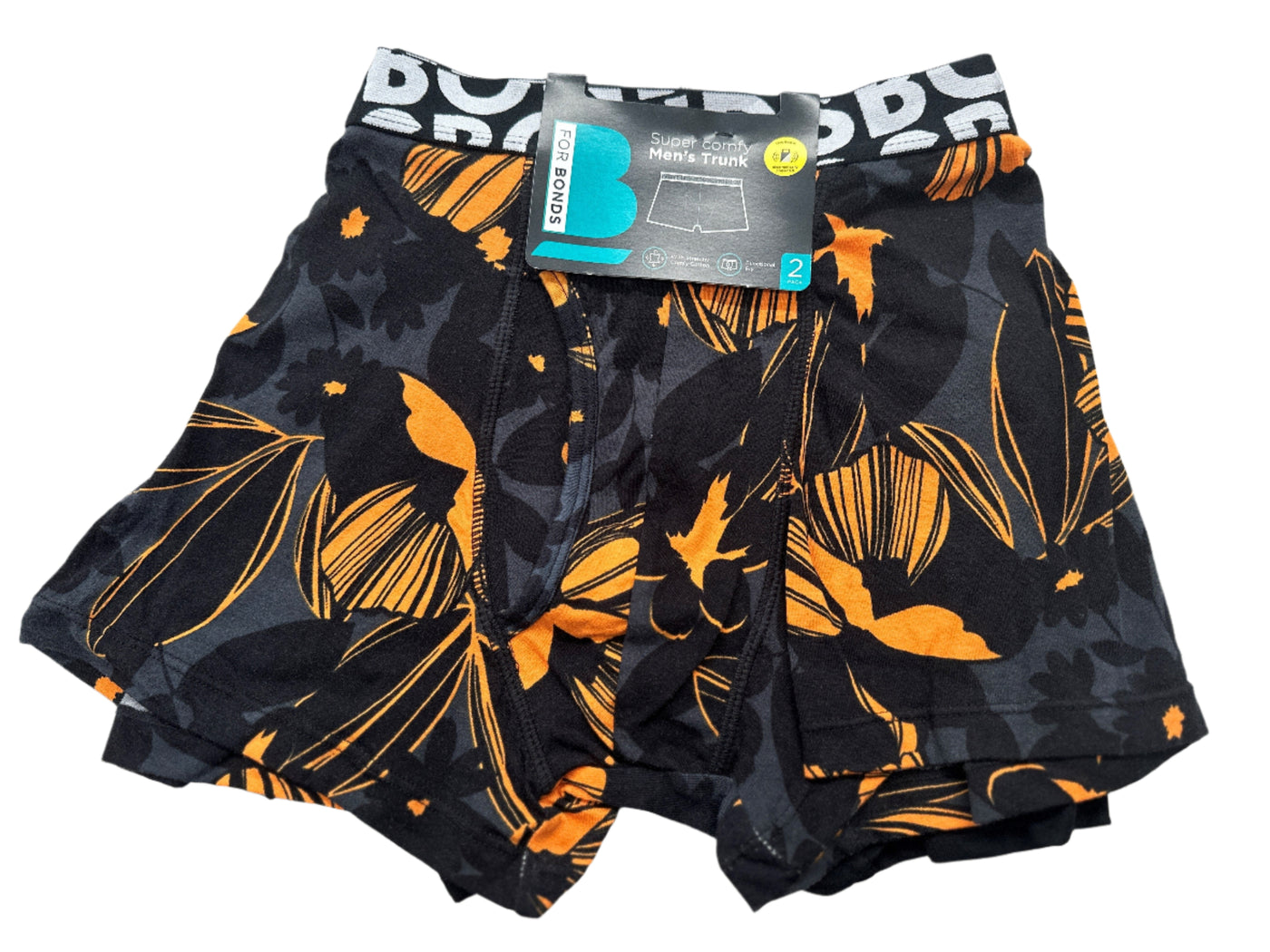 Bonds Mens Super Comfy Trunk 2 Pack  - Black/Grey/Orange Print